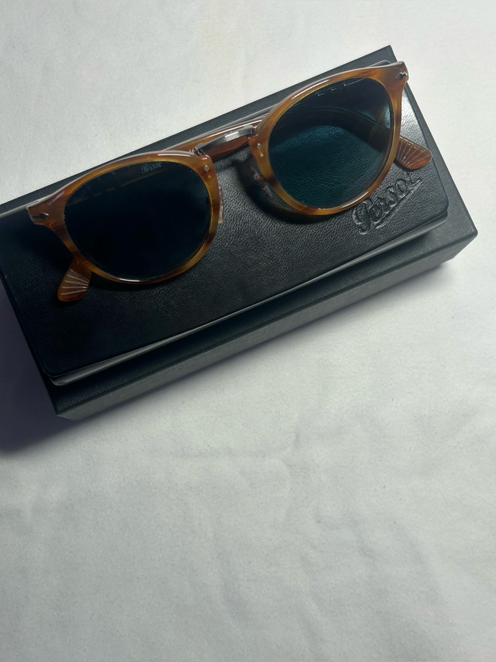 Persol Typewriter Tortoiseshell Round Sunglasses with Blue Lenses